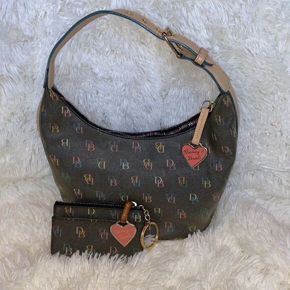2 Pc VINTAGE DOONEY & BOURKE MONOGRAMMED SHOULDER BAG. Rainbow Zipper Coin Key - Picture 1 of 13